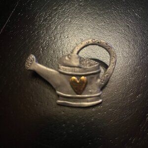 Vintage Silver Tone Watering Can Brooch with Gold Heart and Scroll Design Garden